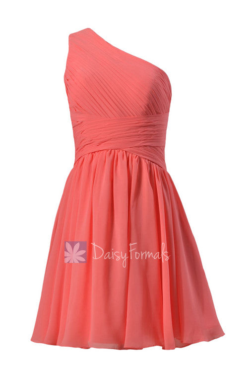 Pretty light coral one-shoulder short prom dress affordable bridesmaid dress(bm351)