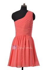 Pretty light coral one-shoulder short prom dress affordable bridesmaid dresses(bm351)