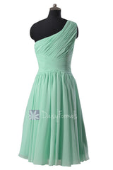 Hot! Mint One-Shoulder Chiffon Homecoming Dress Knee Length Bridesmaid Dress(BM351)