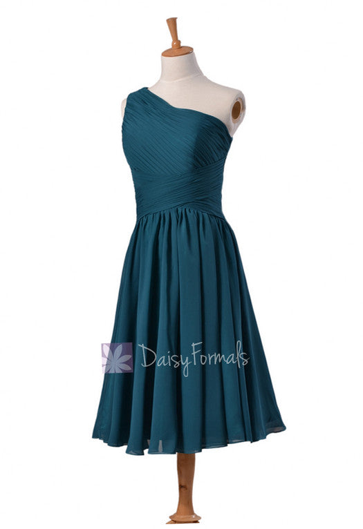 Peacock teal one-shoulder knee length bridal party formal dress(bm351)