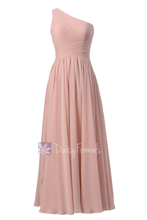 Floor length one-shoulder discount linen bridal party formal dress(bm351l)
