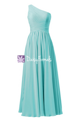 Greenish blue one shoulder affordable bridesmaid dress long garden wedding party dress (bm351l)