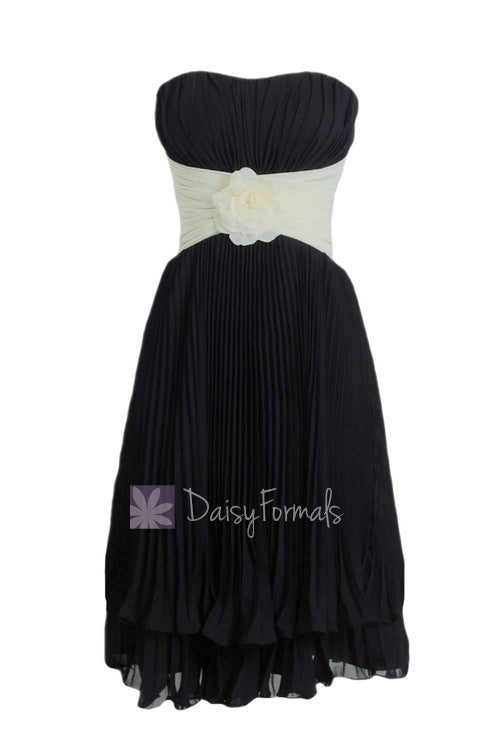 Black cream short bridesmaid dress,layered hem black bridal party dress online (bm484)