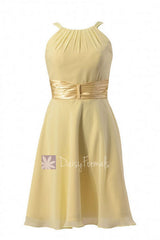 Chic short chiffon formal wedding dress light yellow bridesmaid dresses w/wide sash(bm3728)