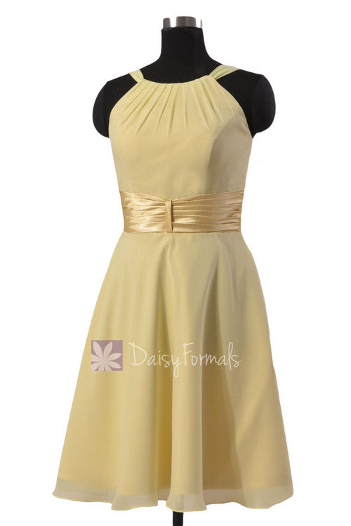 Chic short chiffon formal wedding dress light yellow bridesmaid dress w/wide sash(bm3728)