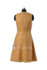 Deep v-neck lace formal vintage short yellow evening dresses(bm3730)