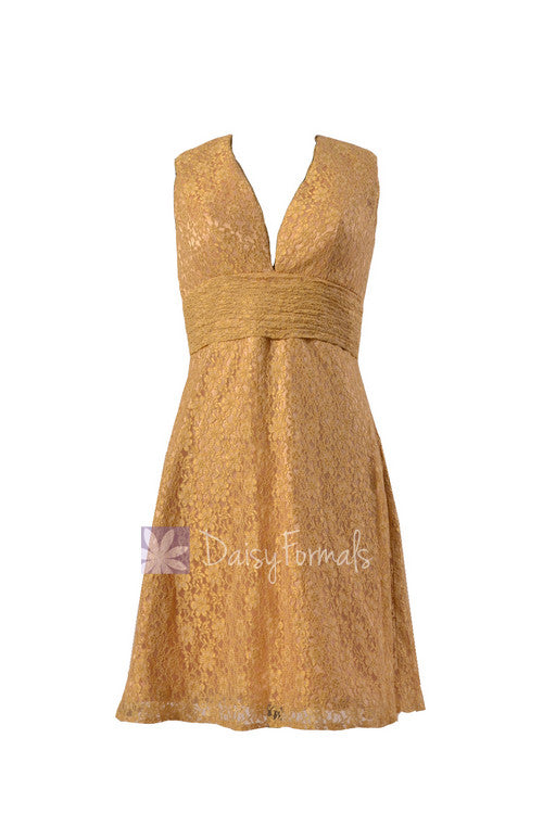 Deep v-neck lace formal vintage short yellow evening dress(bm3730)