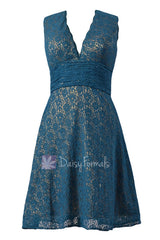 Vintage short peacock blue lace formal dress bridesmaid dress w/deep v-neck(bm3730s)