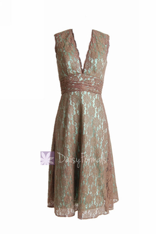 Tea length pale brown bridesmaid dress vintage lace formal dress w/v-neck(bm3730t)