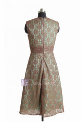 Tea Length Pale Brown Bridesmaid Dress Vintage Lace Formal Dress W/V-Neck(BM3730T)