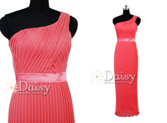 Charming long cherry online bridesmaid dress pleated one shoulder chiffon dresses(bm4027)