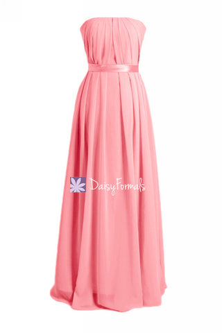 Vertical Pleating Strapless Party Dress Coral Chiffon Bridesmaids Dress (BM4031)