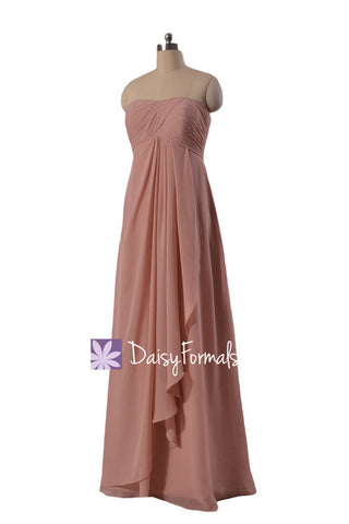 Dusty Rose Pink Chiffon Dress Long Quartz Bridesmaid Dress Nude Bridal Party Dress (BM4046L)