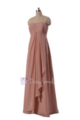 Gracious long dustry rose chiffon beach party dress strapless quartz bridesmaid dress(bm4046)