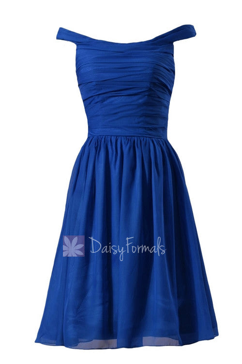 Sapphire chiffon bridesmaid dress knee length off shoulder discount formal dress(bm4080)