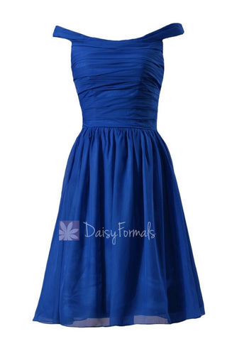 Sapphire Chiffon Bridesmaid Dress Knee Length Off Shoulder Formal Dress(BM4080)