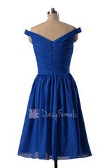 Sapphire Chiffon Bridesmaid Dress Knee Length Off Shoulder Formal Dress(BM4080)