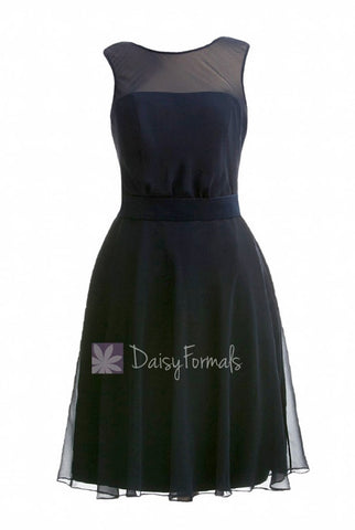 Midnight Chiffon Bridesmaid Dress Knee Length Formal Dress W/Illusion Neckline(BM4090)