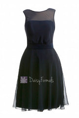 Midnight chiffon bridesmaid dress online knee length formal dress w/illusion neckline(bm4090)