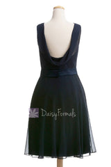 Midnight chiffon bridesmaid dress online knee length formal dresses w/illusion neckline(bm4090)
