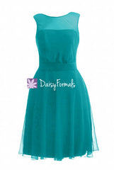 Backless illusion neckline party gown cyan wedding party dress knee length dress (bm4090)