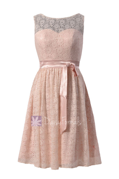 Stunning blush pink lace knee length bridal party dress w/illusion neckline(bm43225)