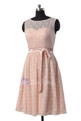 Stunning blush pink lace knee length bridal party dresses w/illusion neckline(bm43225)