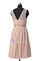 Stunning Blush Pink Lace Knee Length Bridal Party Dress W/Illusion Neckline(BM43225)