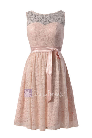 Stunning Blush Pink Lace Knee Length Bridal Party Dress W/Illusion Neckline(BM43225)