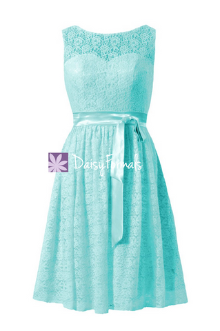 Light Aqua Lace Bridesmaid Dress Scoop Neckline Lace Party Dress Formal Dress (BM43225)