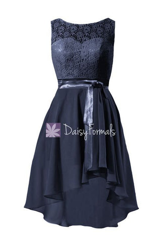 Chic Lace Party Dress Navy Blue High Low Chiffon Formal Dress Bridesmaids Dress (BM43228)