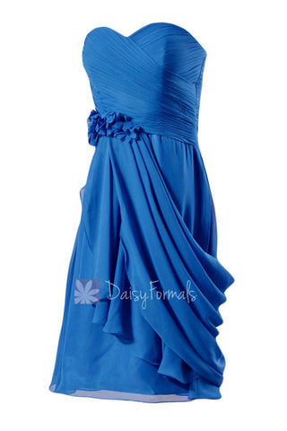 Royal Blue Short Sweatheart Bridesmaid Formal Dress w/ Handmade Flowers(BM437)