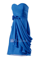 Royal blue short sweatheart affordable bridesmaid formal dress w/ handmade flowers(bm437)