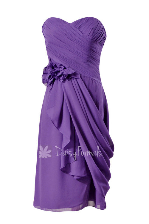 Short amethyst sweatheart bridesmaid chiffon vivid purple prom dress w/ draped overlay(bm437)
