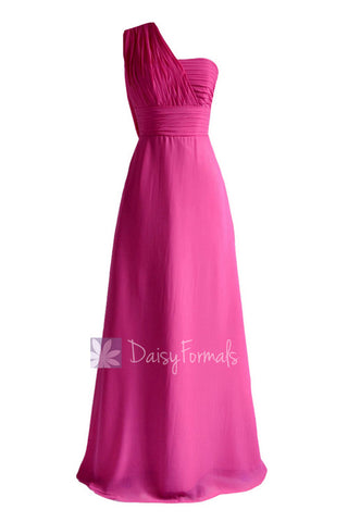 Hot Pink Floor Length One Shoulder Chiffon Bridesmaid Dress Evening Dress(BM452L)