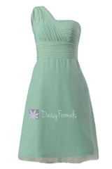 Short vintage party dress mint one shoulder chiffon bridesmaid dress cocktail dress(bm452)