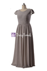 Light warm grey modest evening dress formal wears plus bridesmaid dresses (bmp760)