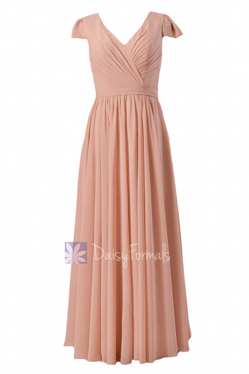 Long modest chiffon bridesmaid dress ice apricot party dress w/cap sleeves (bm5192l)