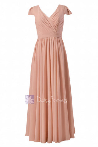 Long Modest Chiffon Bridesmaid Dress Ice Apricot Party Dress W/Cap Sleeves (BM5192L)