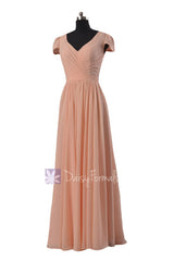 Long modest chiffon bridesmaid dress ice apricot party dresses w/cap sleeves (bm5192l)