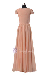 Long Modest Chiffon Bridesmaid Dress Ice Apricot Party Dress W/Cap Sleeves (BM5192L)