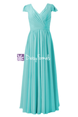 Long modest bridesmaid dress online v neckline tiffany blue dress w/cap sleeves (bm5192l)
