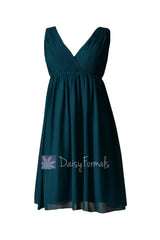Empire peacock teal chiffon bridal party dress short v-neck dark teal bridesmaid dresses(bm5193s)