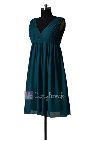 Empire Peacock Teal Chiffon Bridal Party Dress Short V-Neck Dark Teal Bridesmaid Dress(BM5193S)