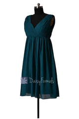 Empire peacock teal chiffon bridal party dress short v-neck dark teal bridesmaid dress(bm5193s)