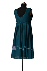 Empire Peacock Teal Chiffon Bridal Party Dress Short V-Neck Dark Teal Bridesmaid Dress(BM5193S)