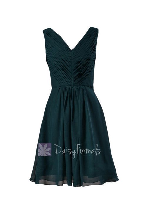 Delicate knee length rich peacock cheap chiffon bridesmaid dress w/v-neck(bm5194s)