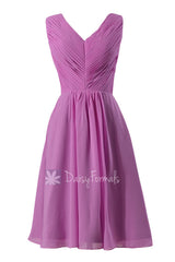  Beautiful wisteria chiffon formal dress short pleated discount bridesmaid dress w/v-neck(bm5194s)