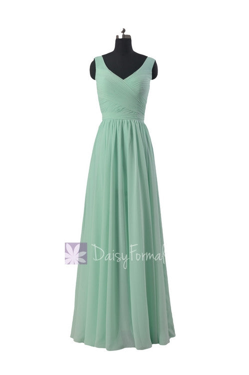 Floor length mint green chiffon bridal party dress v-neck online bridesmaid dress(bcd3975l)