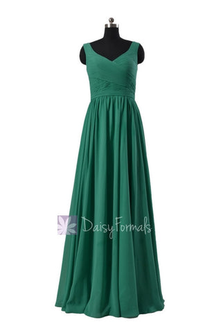 Jade Green Chiffon Bridal Party Dress Long V-neckline Pleated Long Formal Dress(BM5196L)